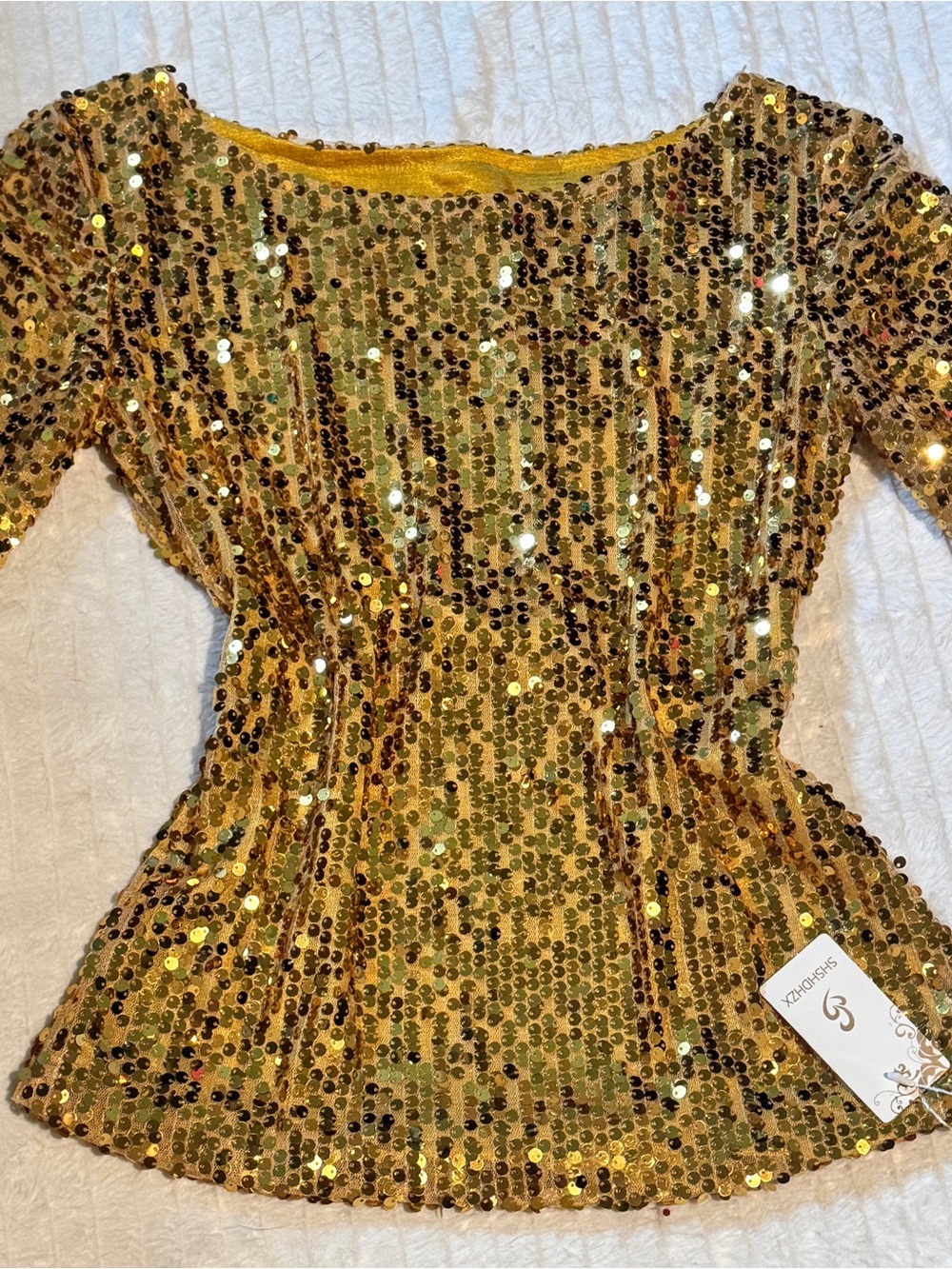 Medium SHSHDHZX Gold Sequin Short-Sleeve Peplum Blouse